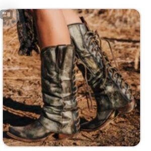 freebird Lace-Up Distressed Mid-Calf Boots - Olive “Wilma”